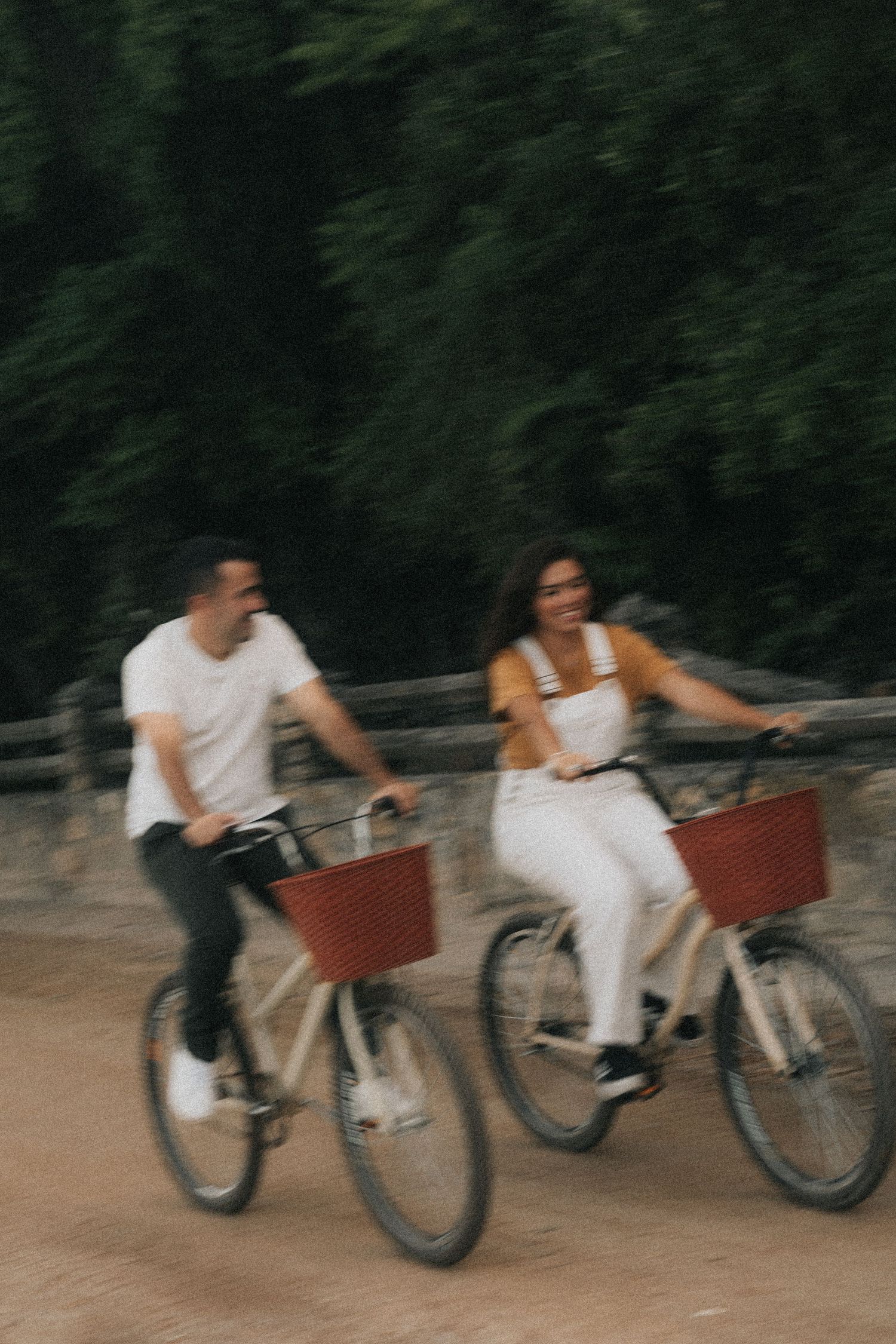 Motion blurred sequence showing bicycle riders with baskets cruising along a wooded path on a summer day.