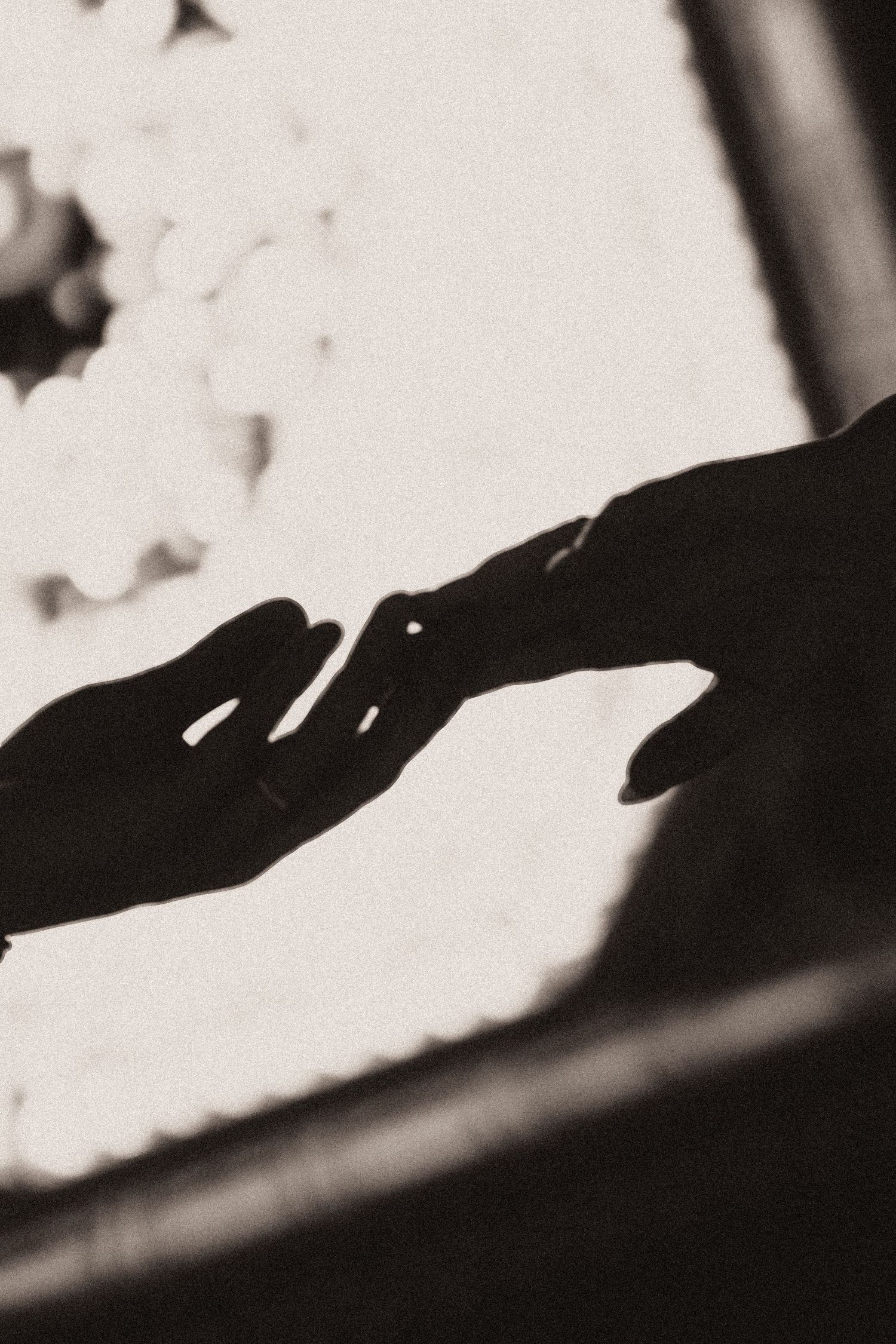 A silhouetted hand reaches across a light background creating a dramatic contrast in black and white.