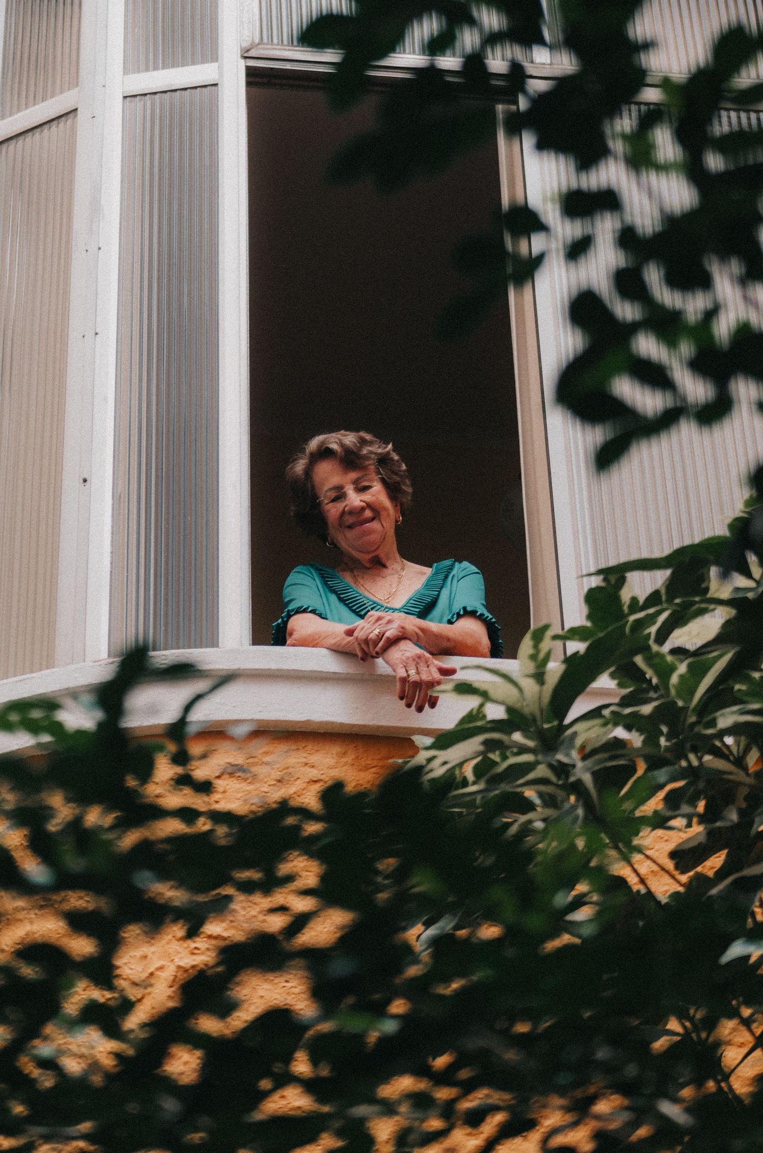 A senior resident appears in a window frame above dense yellow foliage on a warm autumn day.
