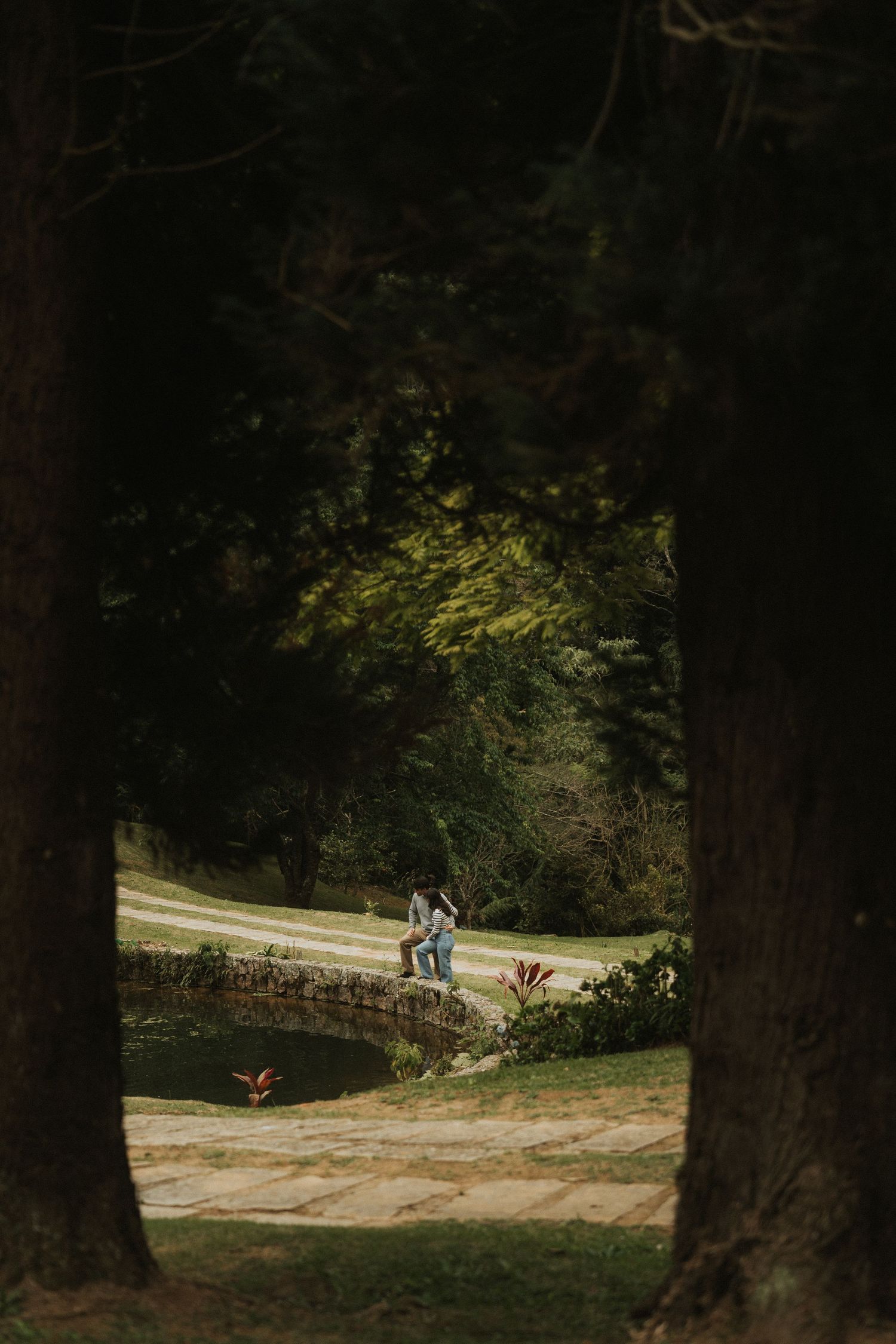 A winding dirt path through a dark wooded area with sunlit figures walking in the distance.
