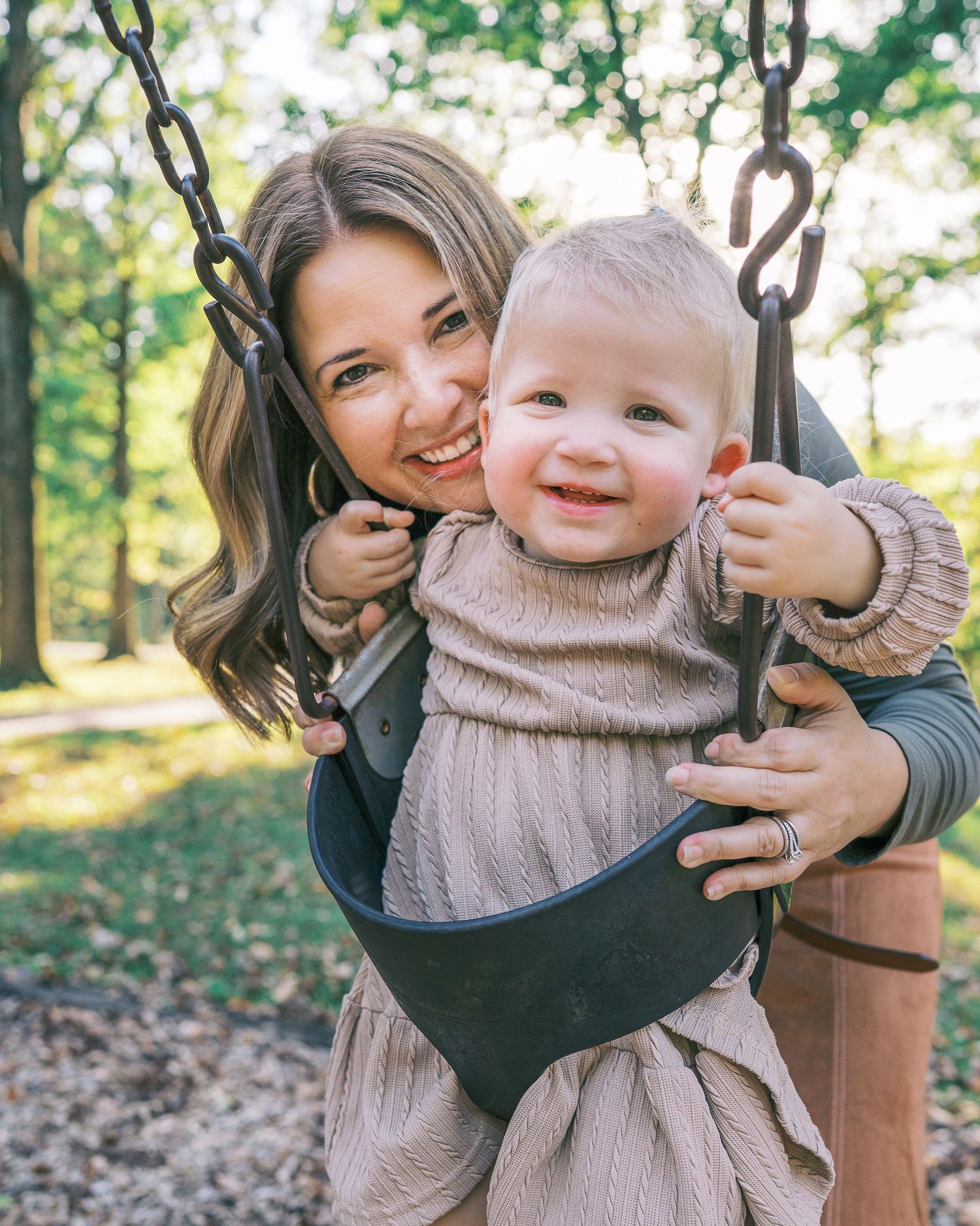 Candid sequence showing playful outdoor interaction between two people in autumn sunlight.