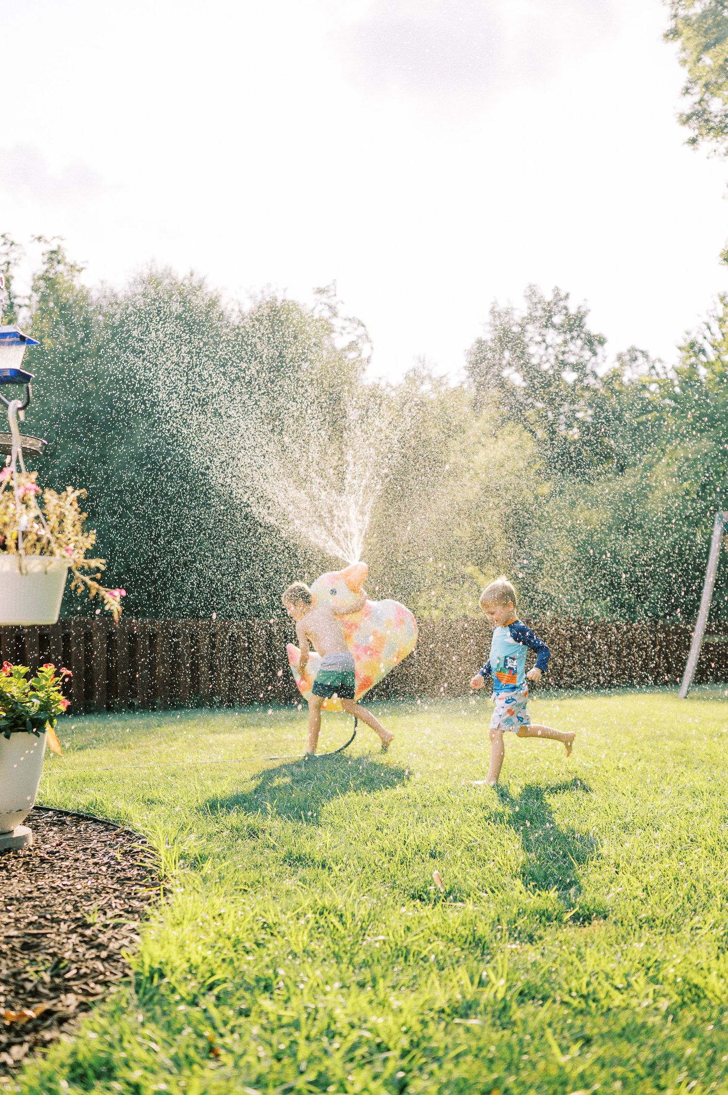 Children playing and running through water sprinklers on a sunny day in a backyard garden.