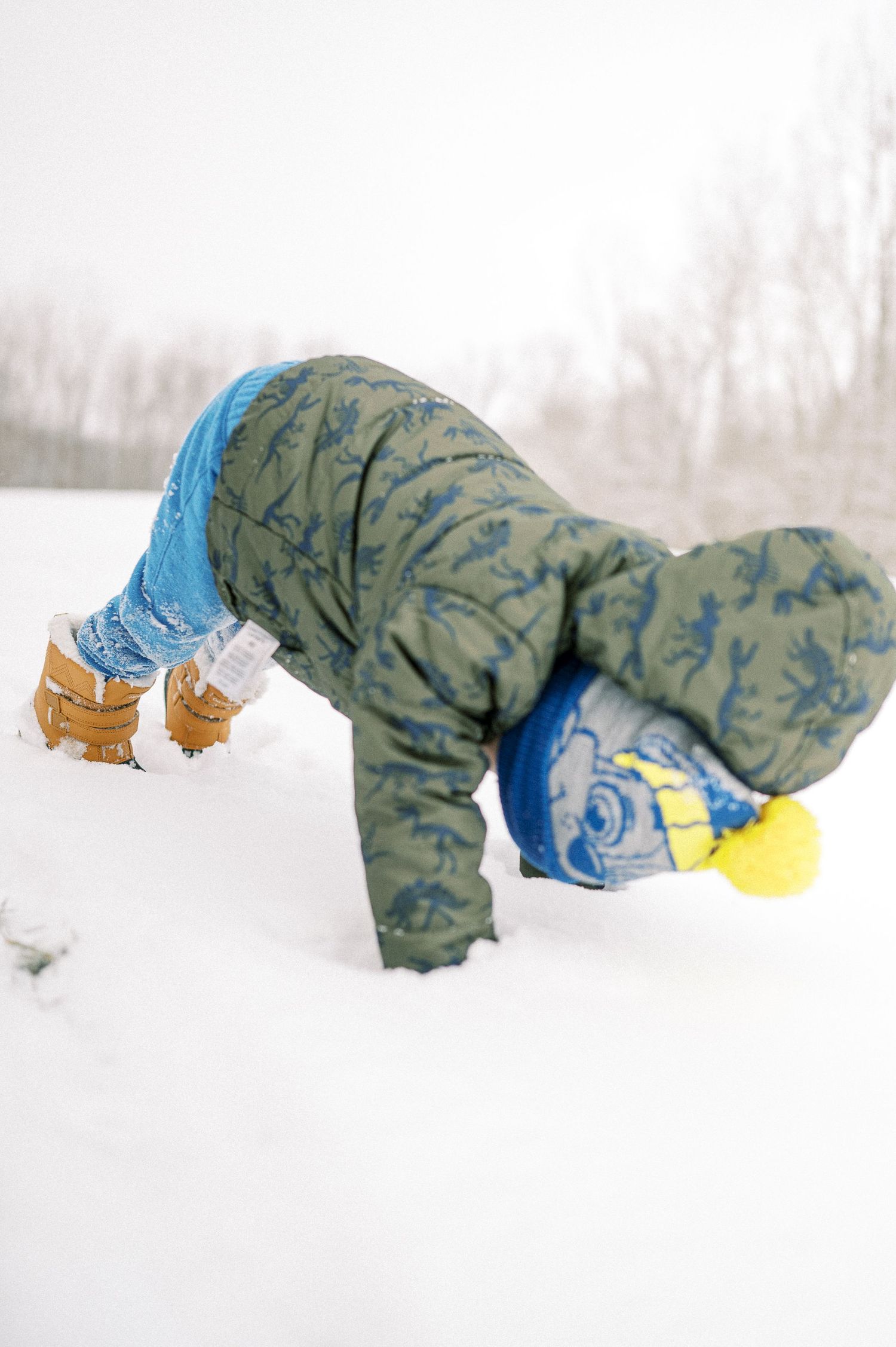 Winter playfulness captured in sequence showing someone rolling in fresh snow.
