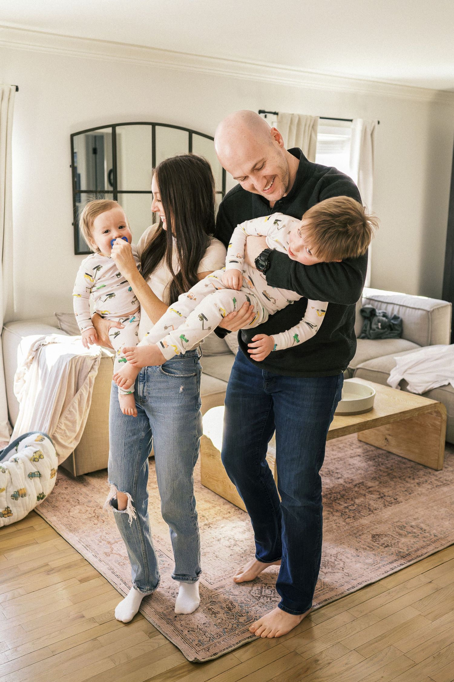 Candid family moments captured in a sequence of photos showing joyful playtime in a bright room.