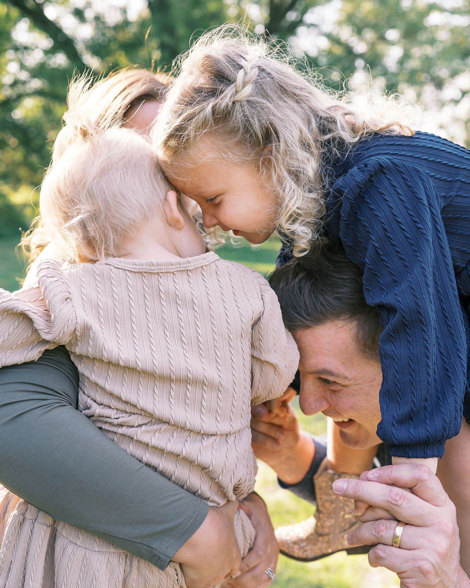 Series of candid outdoor photos showing playful and joyful moments between two people in casual attire.