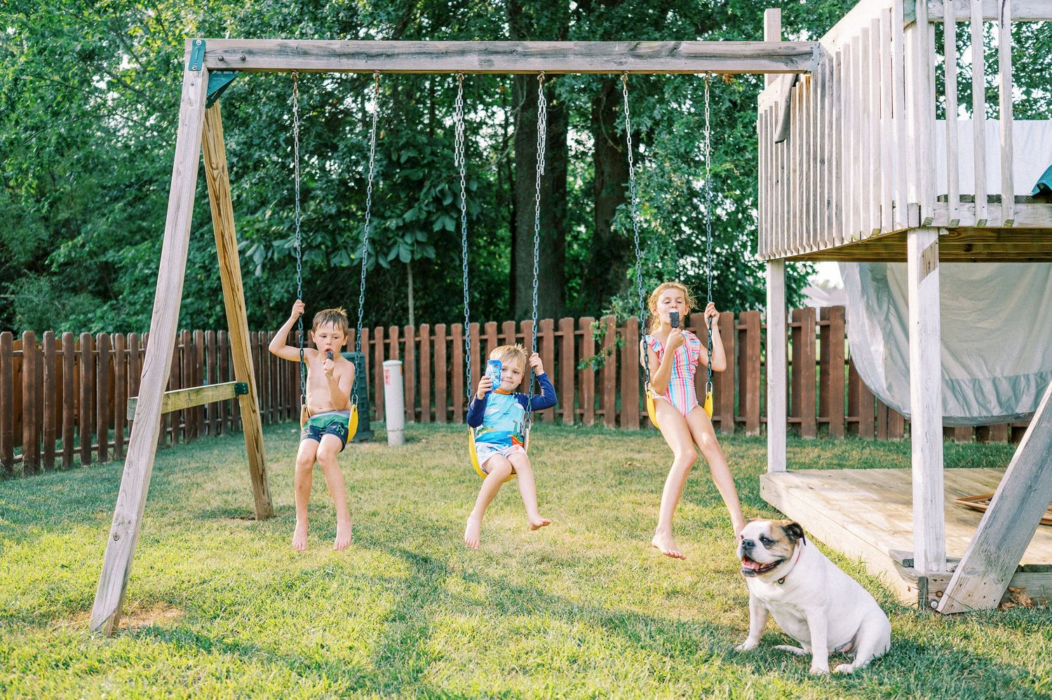A playful backyard scene with kids enjoying a swing set while a dog watches nearby.