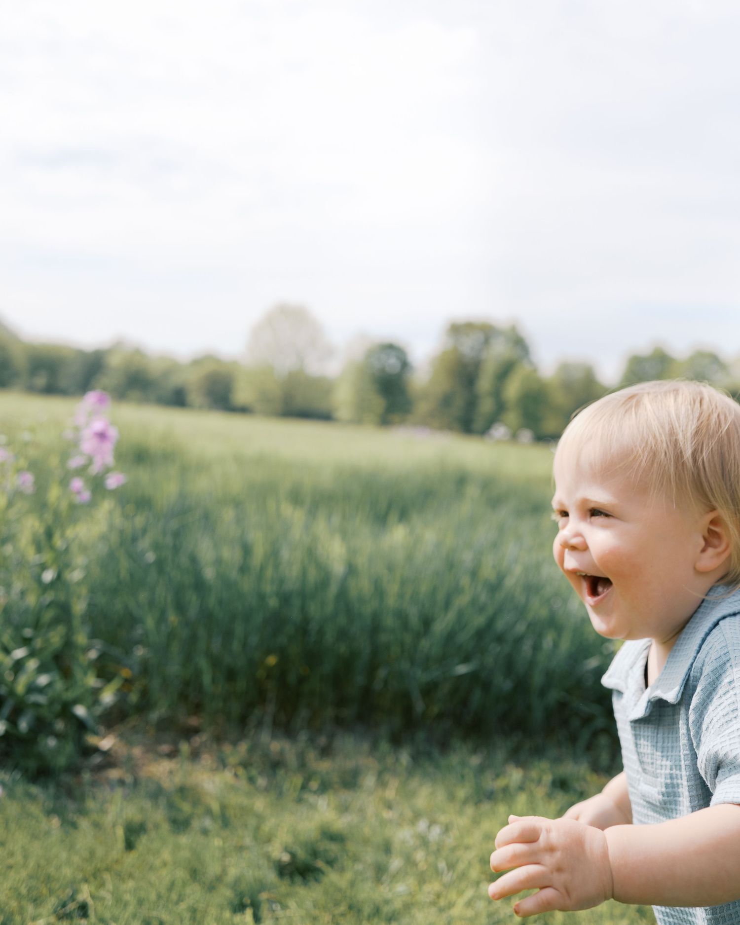 A laughing toddler in blue plays in a sunlit meadow with wildflowers.