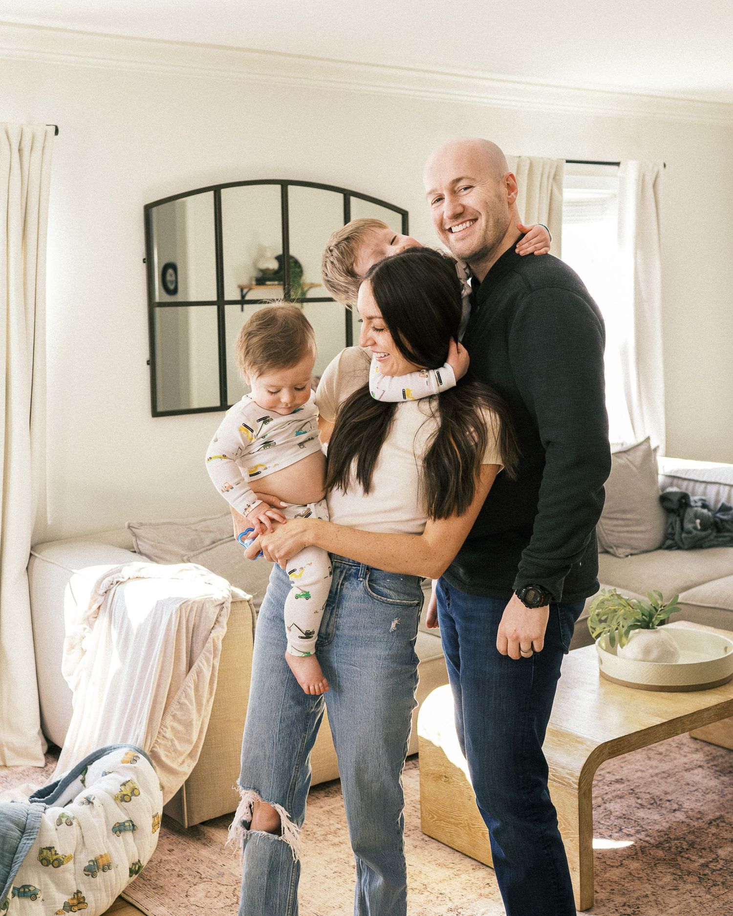 A series of candid family photos showing joyful interaction in a bright living space.