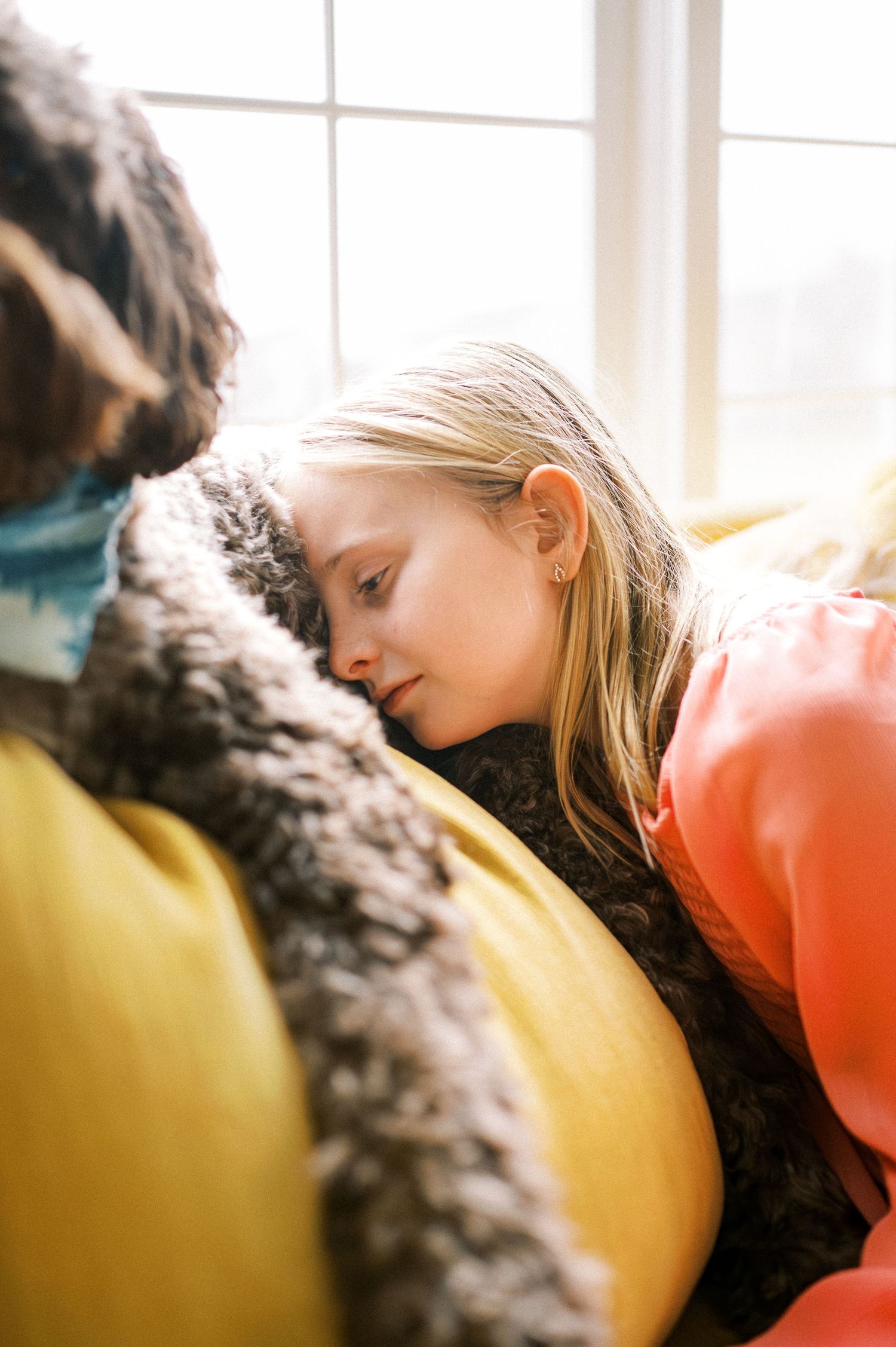 A furry black dog snuggles up close with someone wearing coral on a yellow couch.