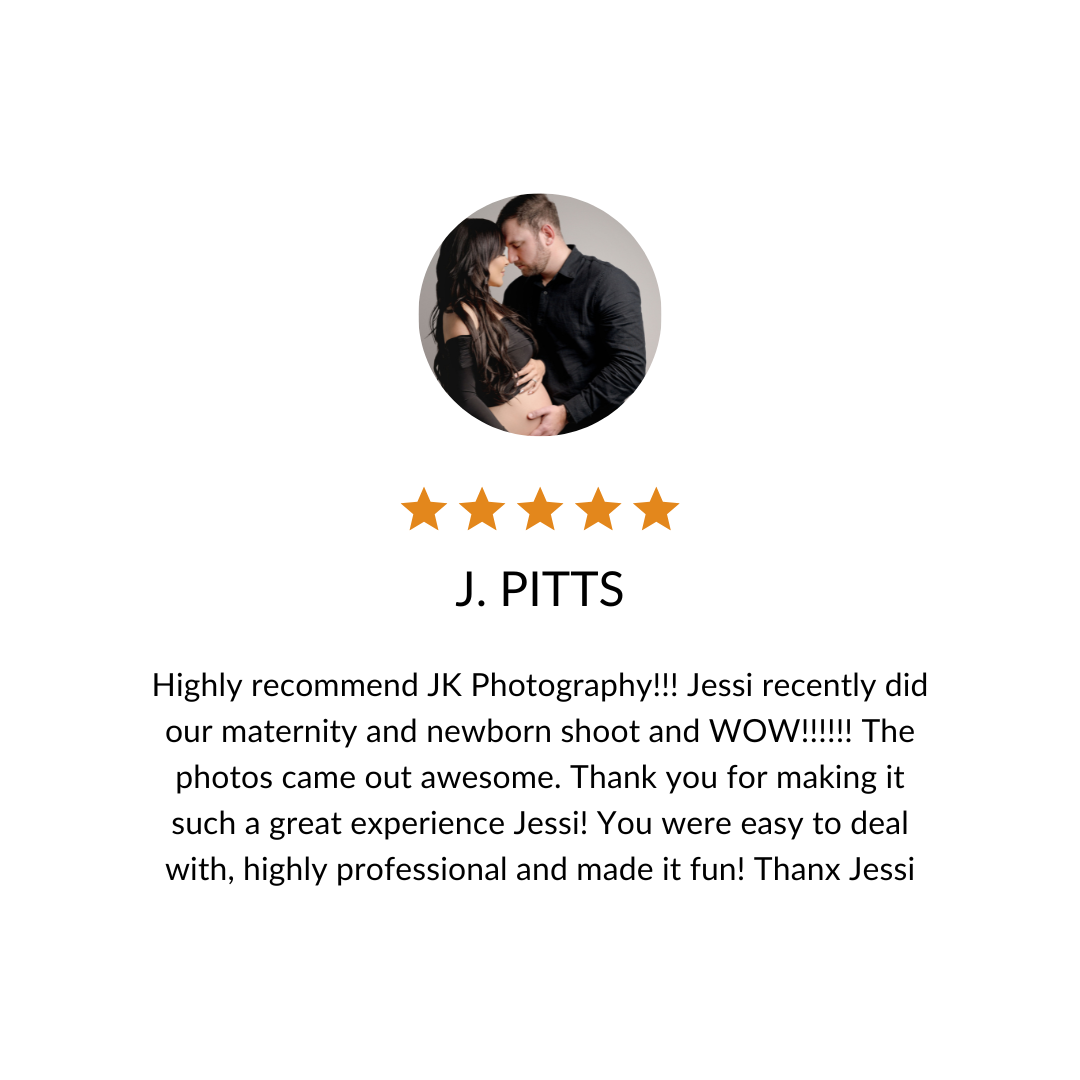 A 5-star customer review for JK Photography praising their maternity and newborn photography services.
