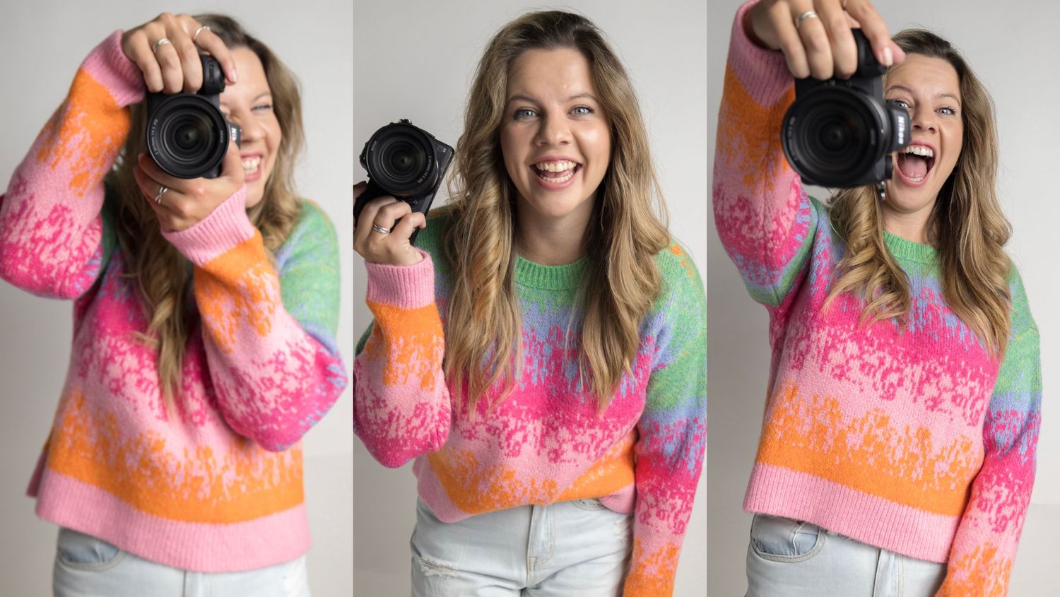 Three-panel photo of photographer in vibrant tie-dye sweater posing with camera.