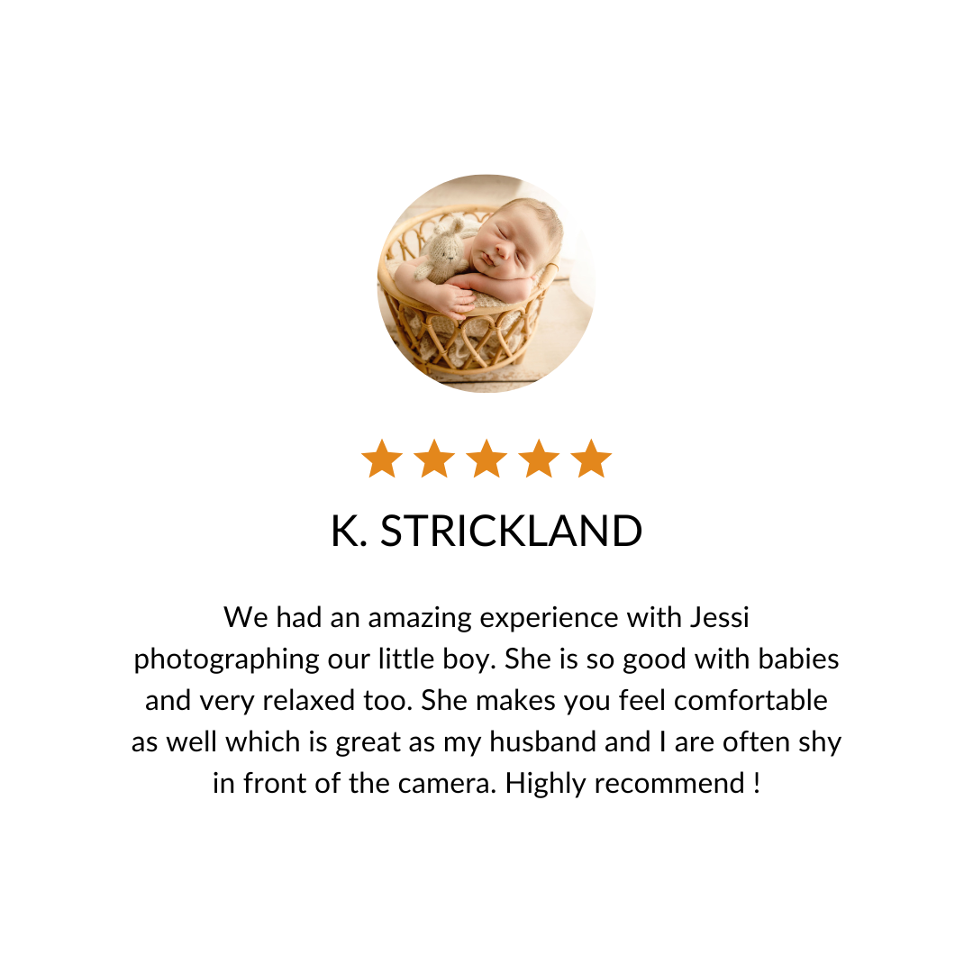 Five star review testimonial praising their photography experience with babies and family photos.