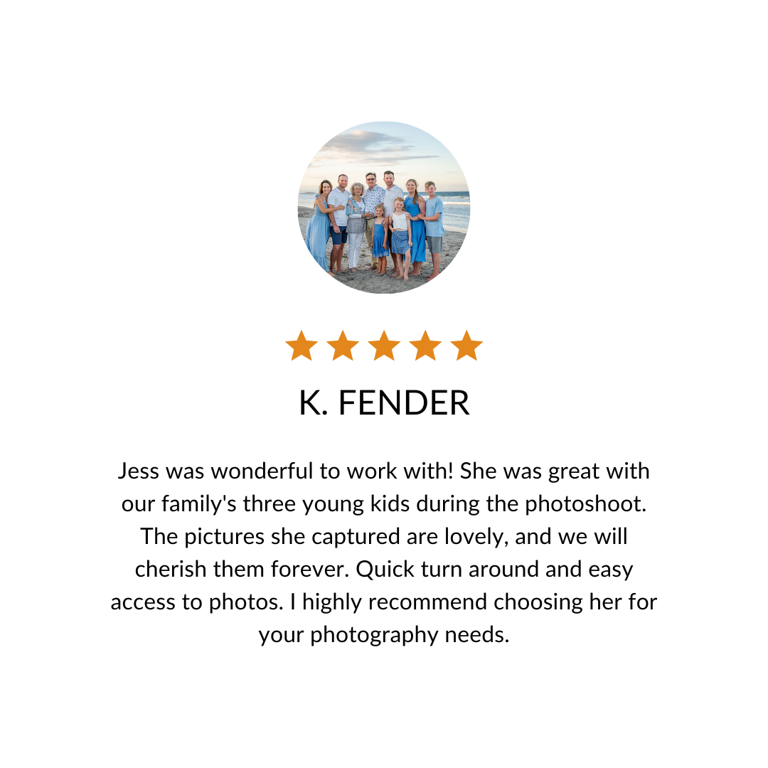 Screenshot showing positive social proof with 5-star client testimonials and family portrait photo preview.