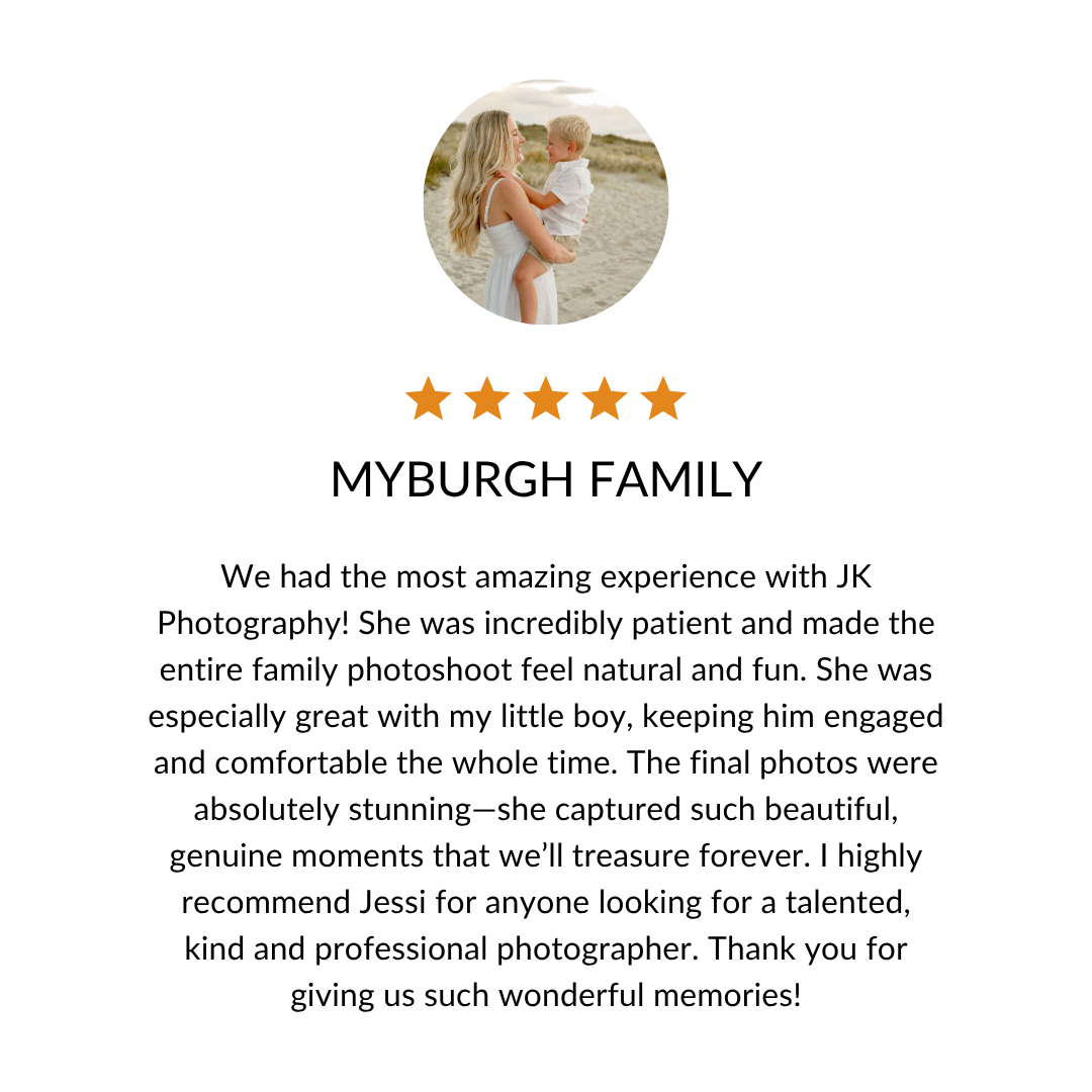 Professional photography testimonials with five star reviews displayed on a light gray background.