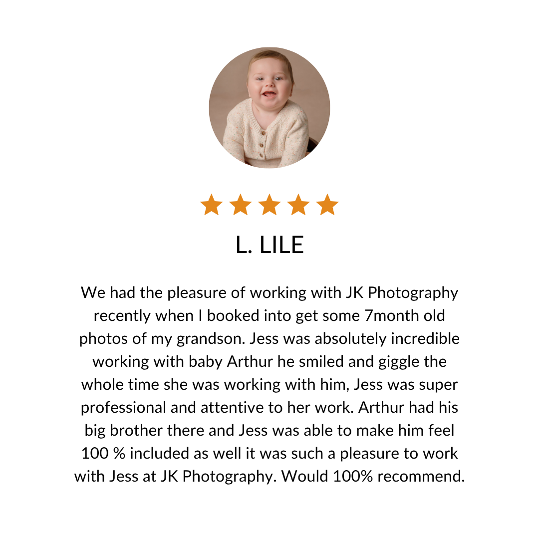 A 5-star customer review testimonial with a circular photo shows praise for a professional photography experience.