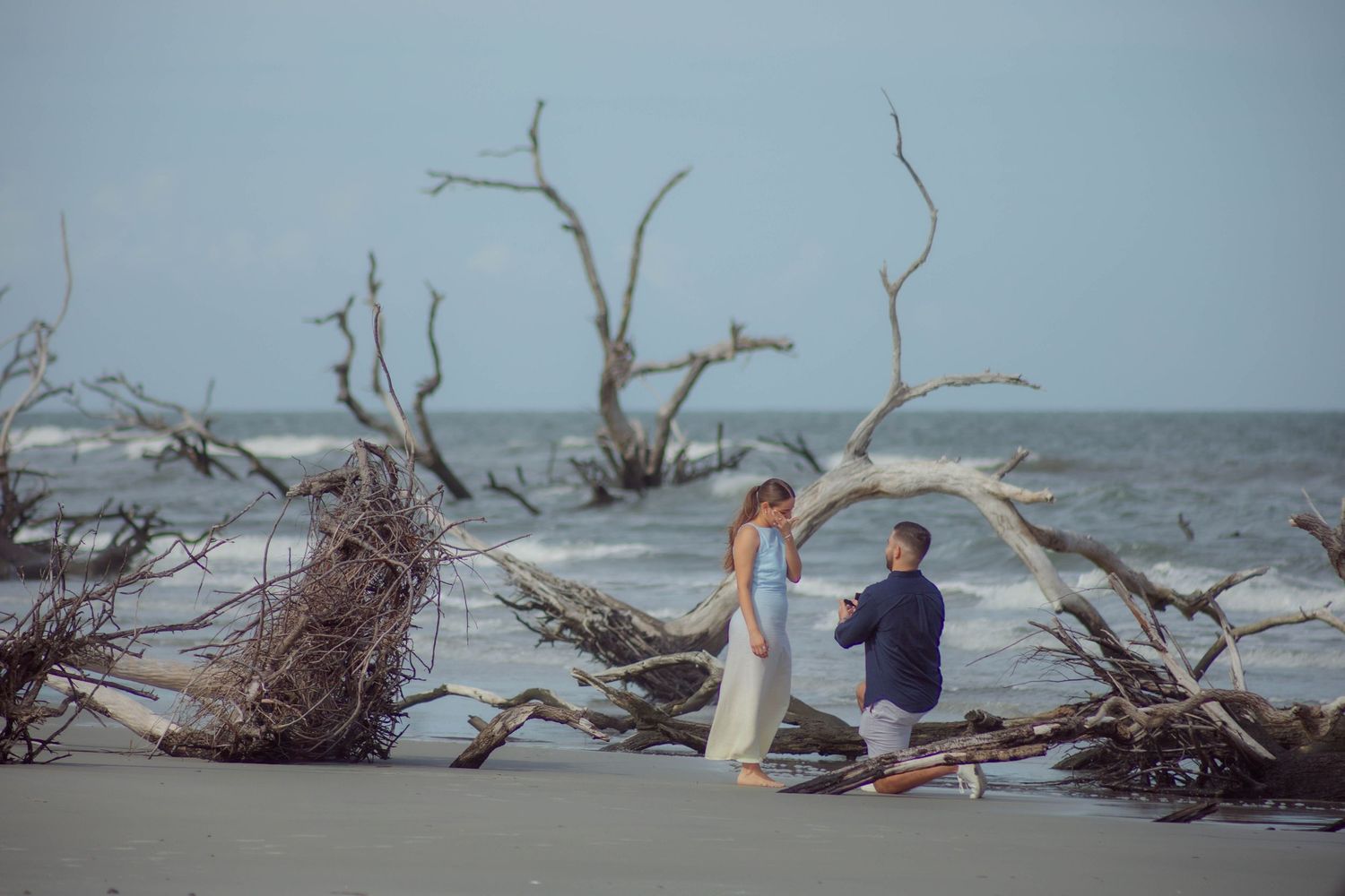 Couple shares a romantic proposal moment on a driftwood-covered beach with ocean waves in the background.