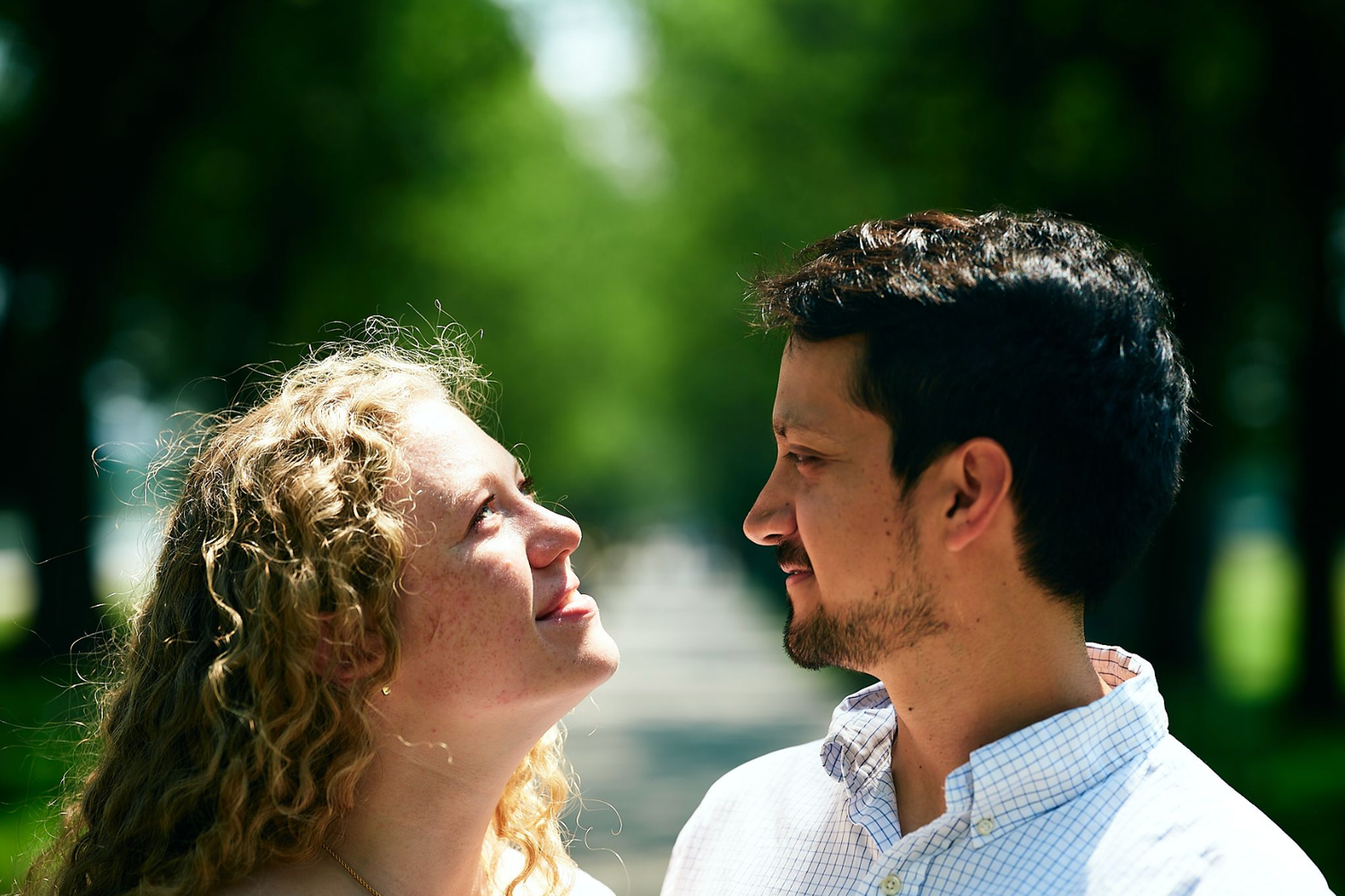 Golden hour anniversary session of couple staring into sunlit trees at the National Mall in Washington DC.
