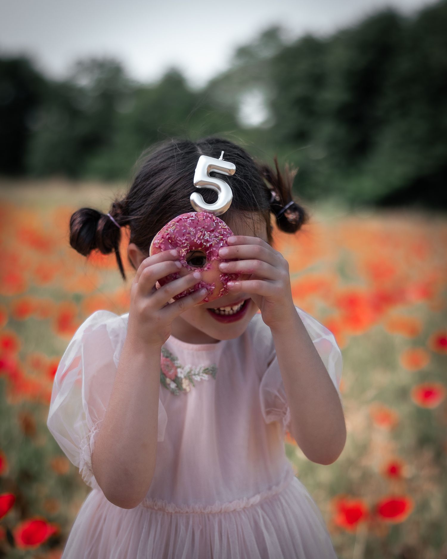 Someone in a pink dress holding donuts in a poppy field during a playful photoshoot.