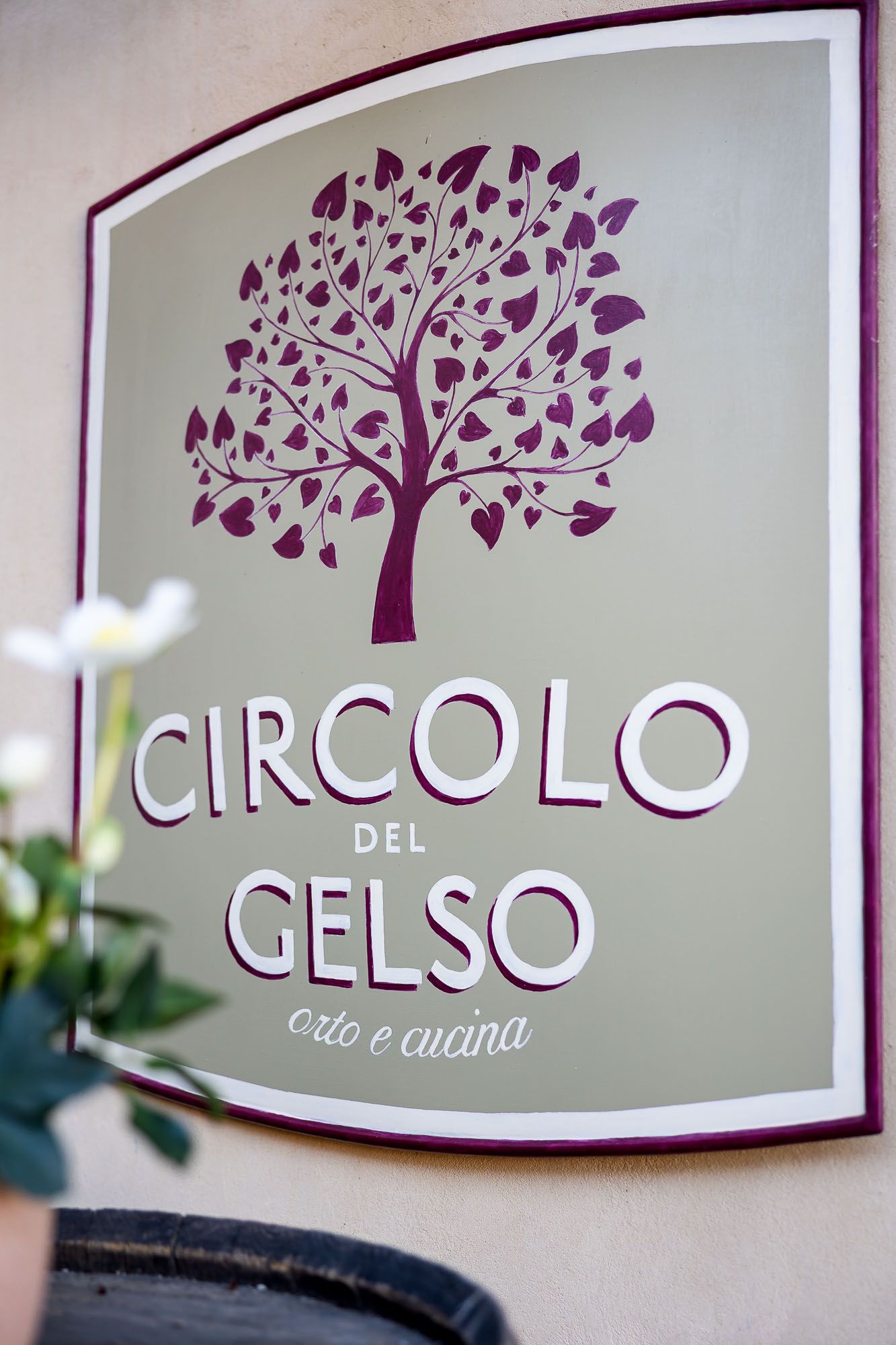 Sign for Circolo del Gelso orto e cucina restaurant with purple tree logo on sage green background.