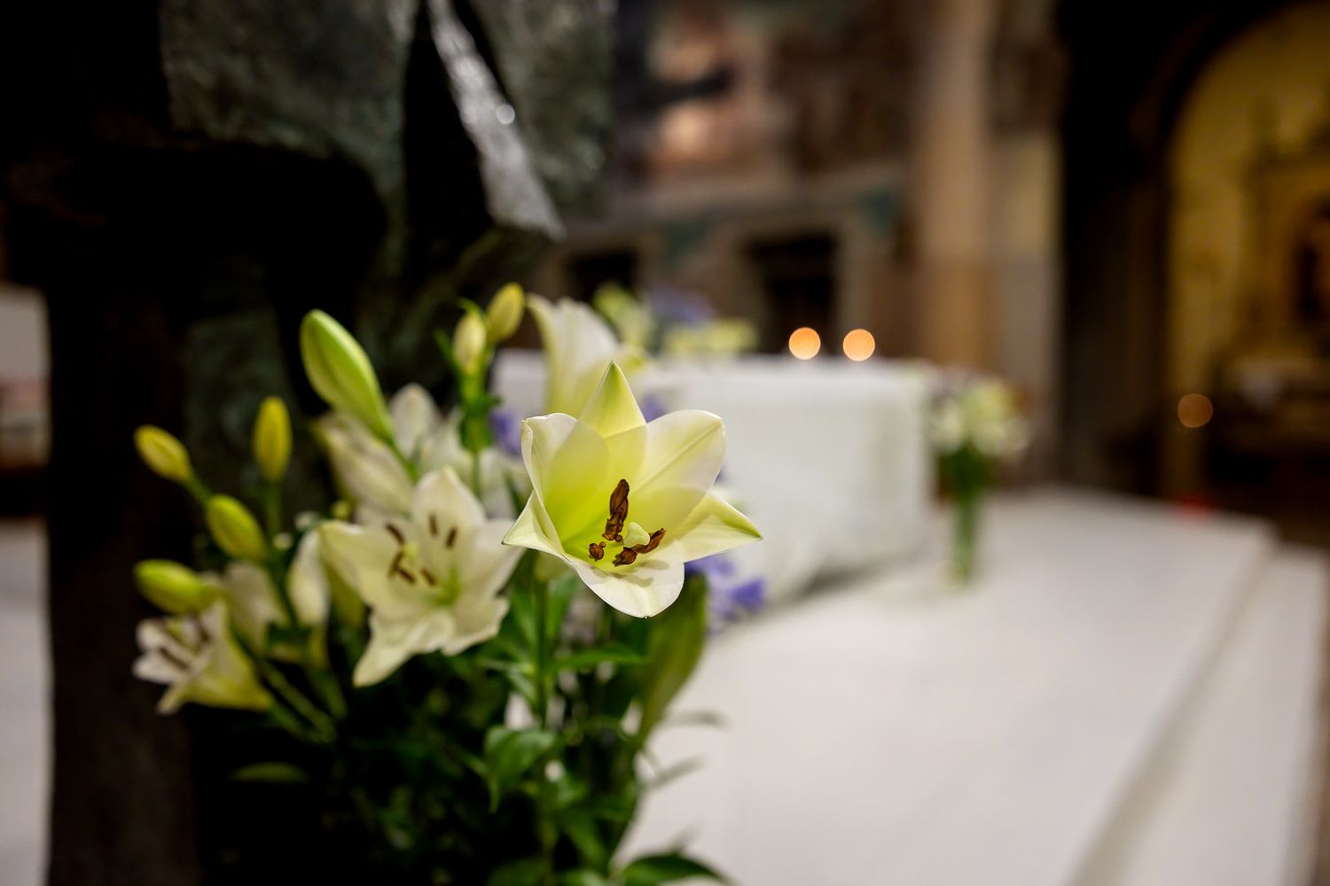 White lilies in focus with a softly blurred church altar and candles in the background.