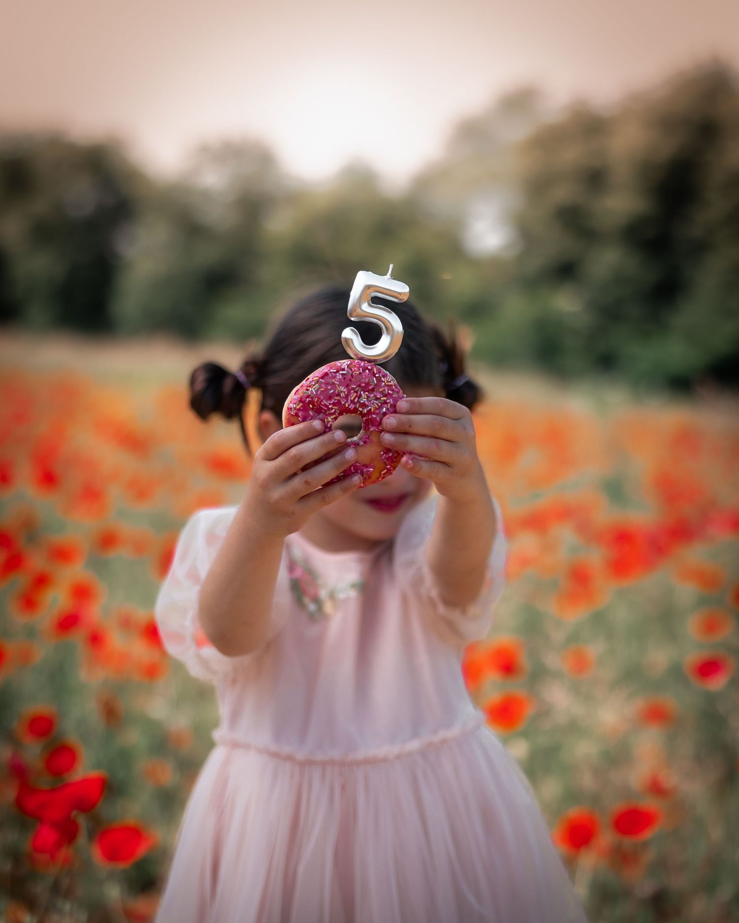 Person in flowing white dress playing with donuts in field of red poppies.