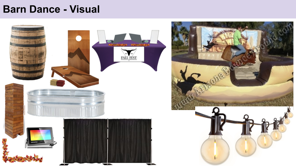 Rustic barn dance decorations featuring wooden barrels, string lights, and country-western themed party elements.