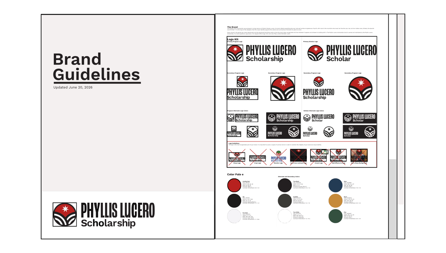 Phyllis Lucero Scholarship brand guidelines document showing logo variations, color palette, and typography standards.