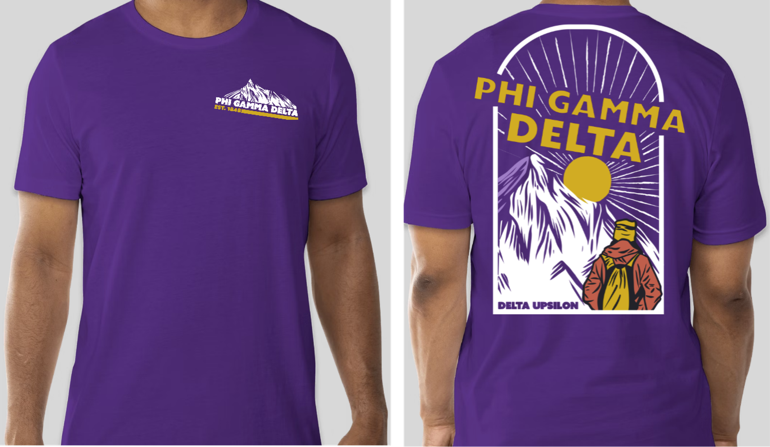 Collection of purple t-shirt designs featuring fraternity branding and graphics.