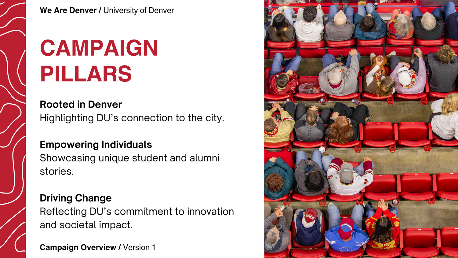 Students and supporters sit in red stadium seats at a University of Denver athletics event.