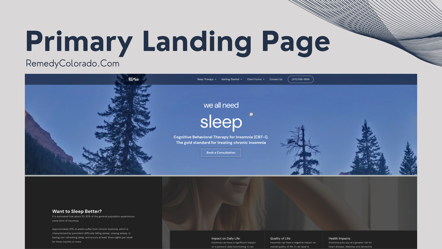 A collection of website design mockups showing landing pages and navigation menus on laptop and desktop screens.