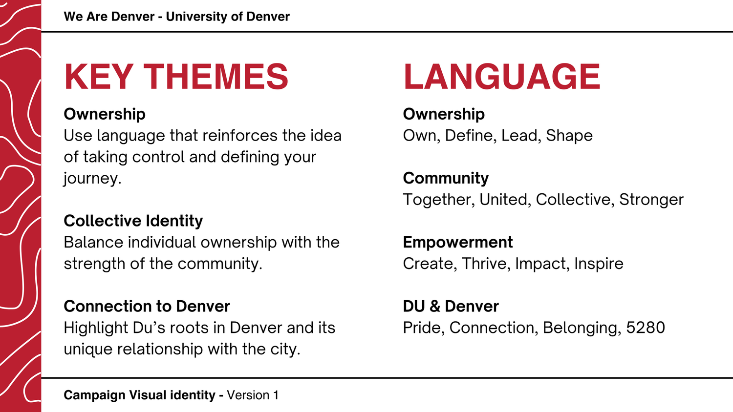 Red and white university branding guide showing key themes and language sections with text and design elements.