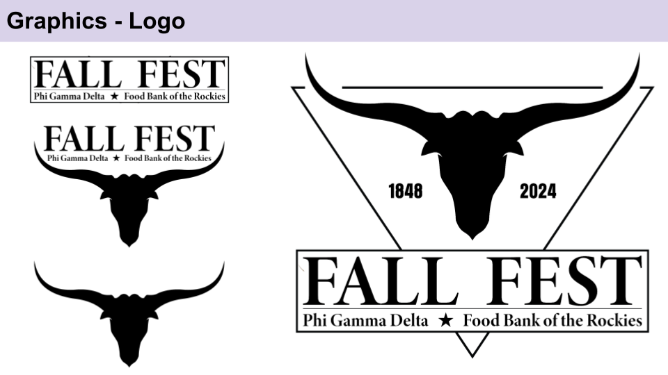 Collection of black and white logo variations for Fall Fest event featuring longhorn skull and text designs.