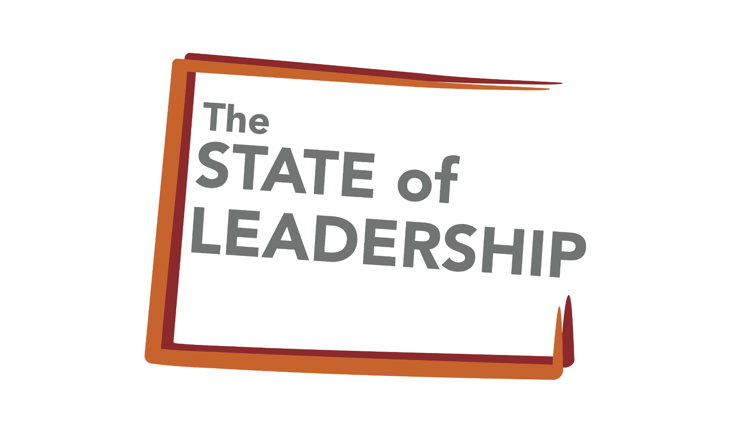 The State of Leadership logo with bold typography on a white background framed by an orange and red border.