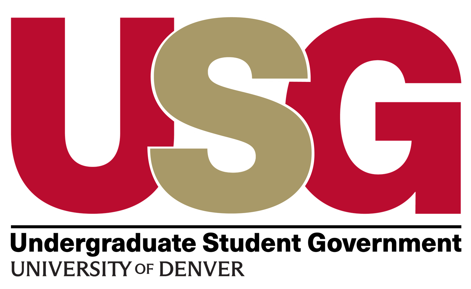 A red and gold University of Denver Undergraduate Student Government logo banner with text.