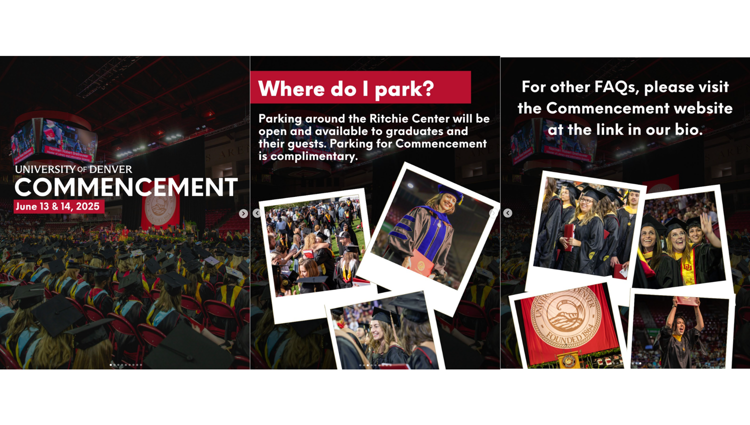 A collage banner shows various campus events and activities including graduation ceremonies and student gatherings.