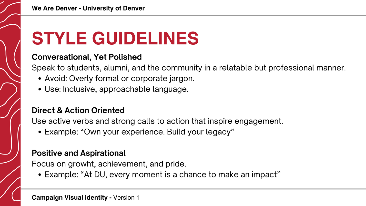 A red and white style guide document showing design elements and text formatting guidelines for branding.
