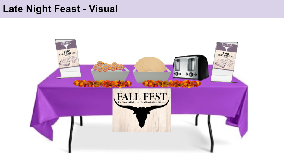 Long banquet tables with purple tablecloths and decorative lighting set up for a late night feast celebration.