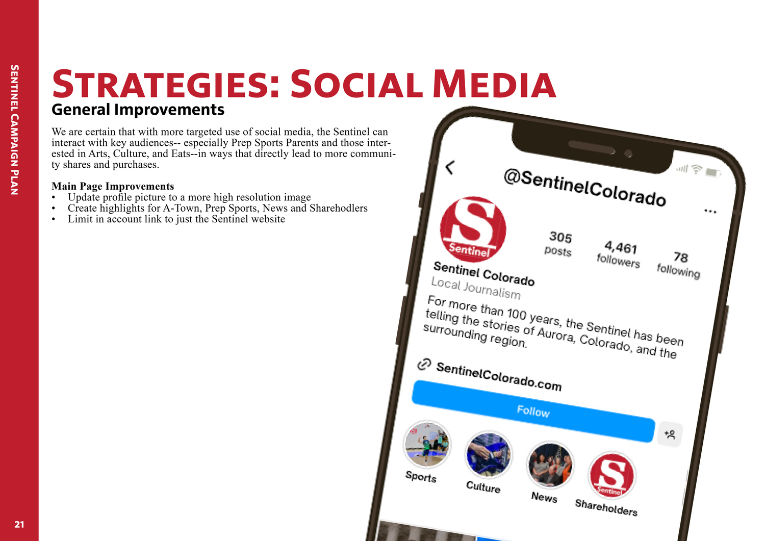 Social media strategy interface showing mobile screens with account profiles and engagement metrics.