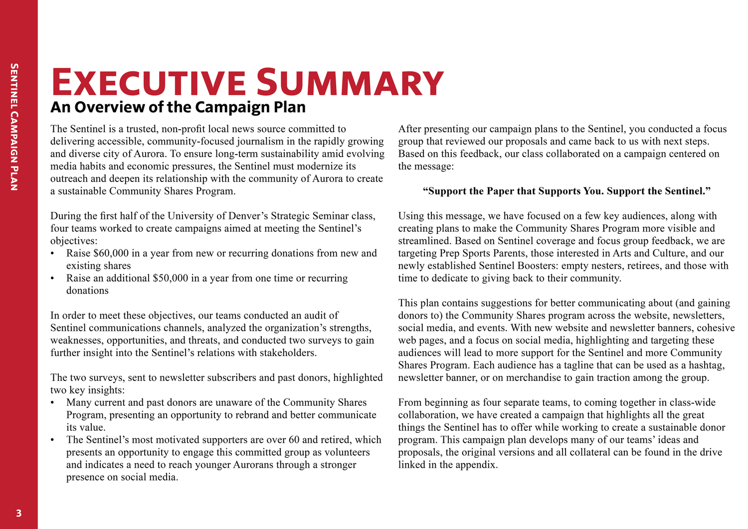 A page from an executive summary document with red header design and multiple columns of business text.