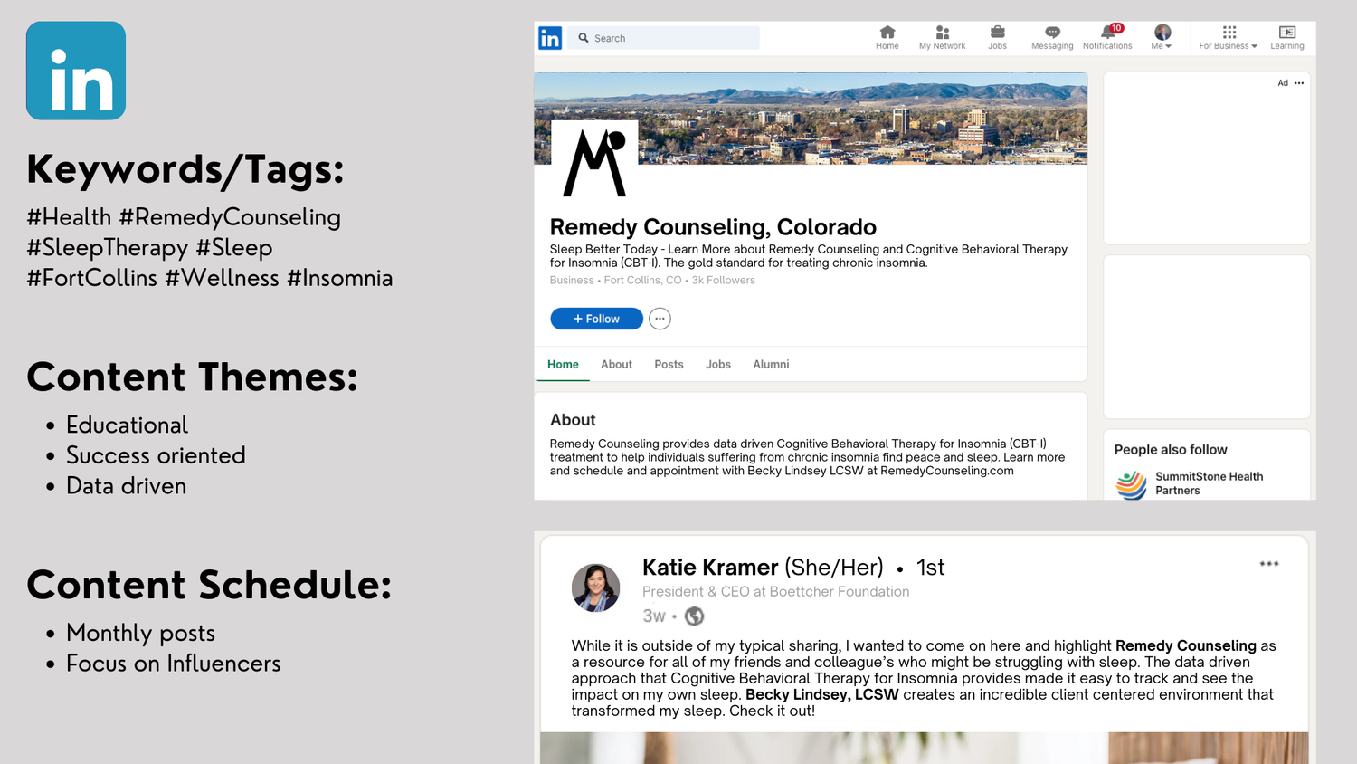 LinkedIn profile page showing keywords, content themes and schedule for social media management.