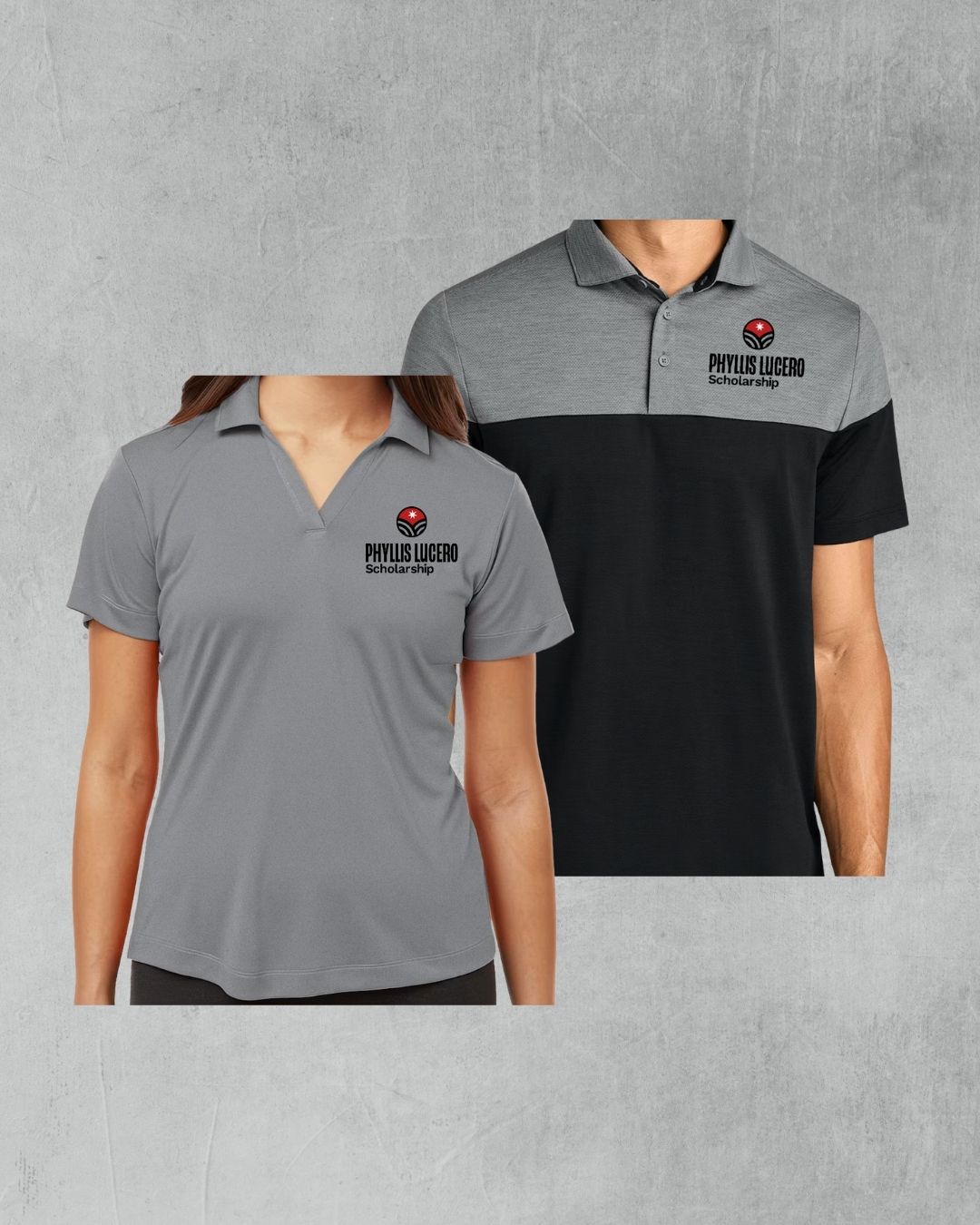Gray and black polo shirts with Phylum Queeno logo, shown on male and female models against gray background.