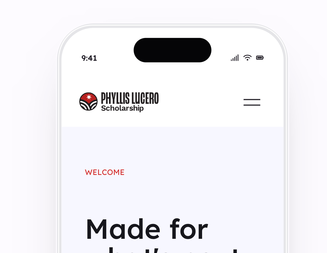 Mobile mockup of the Phyllis Lucero Scholarship website displaying a welcome section with bold typography on a white background.