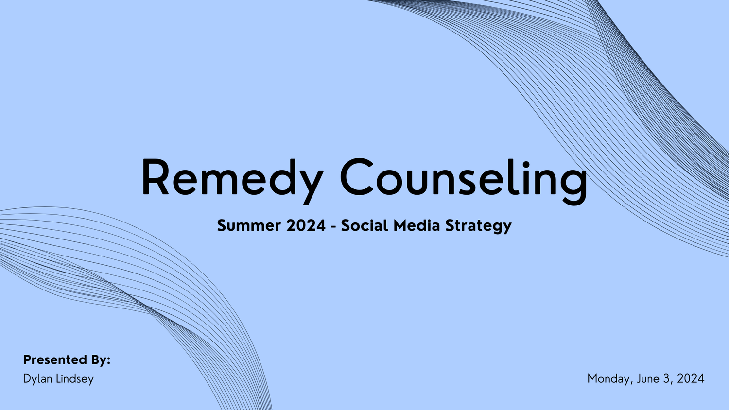A presentation title slide for Remedy Counseling's Social Media Strategy showing blue wave graphics on a light background.