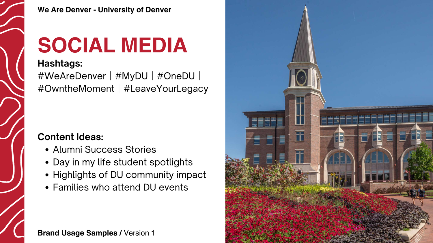 University building with red brick facade and clock tower stands behind vibrant red flower garden and social media content ideas sign.