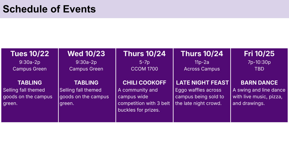 A purple and white event schedule grid showing activities across five days including tailgating and late night party events.
