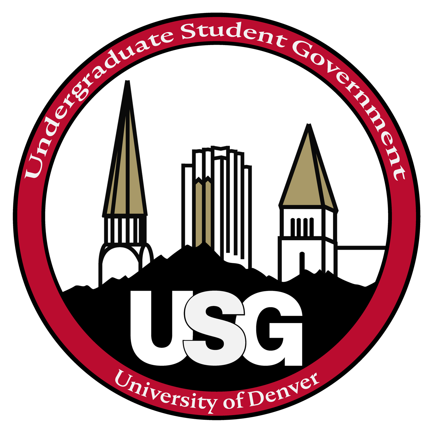 Collection of university logos in red and white circular designs showing student government associations and campus symbols.