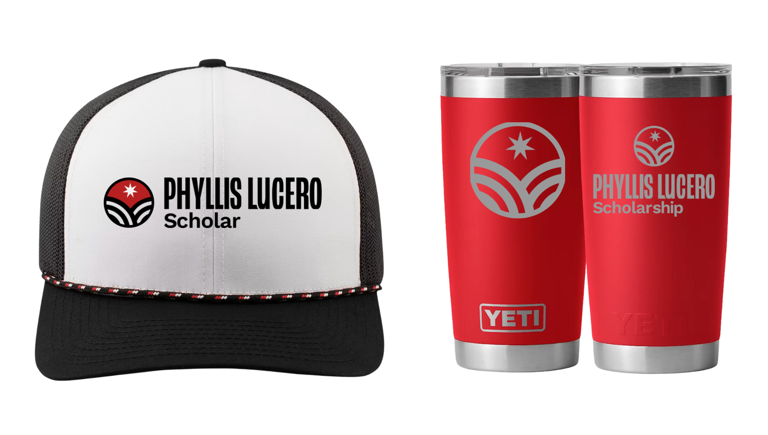 Red YETI tumblers and a black and white trucker hat featuring the Phyllis Lucero Scholarship logo.