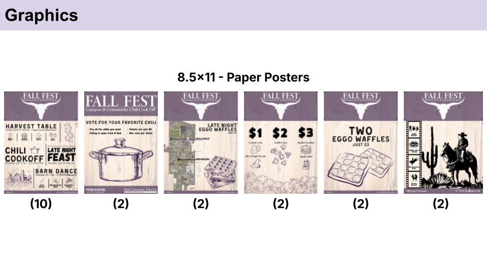 A horizontal row of small purple and gray icons showing various document and poster designs.