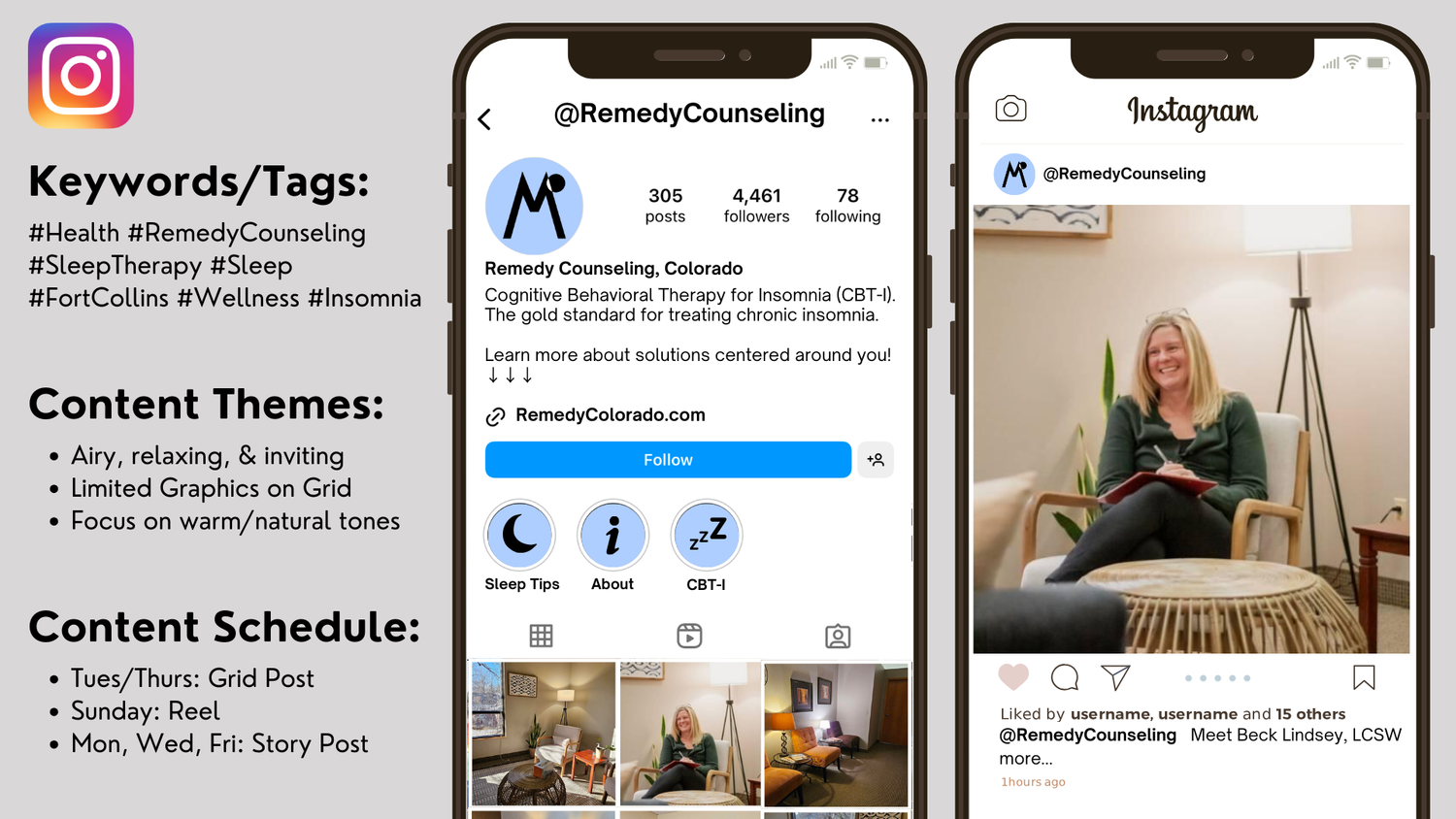 Collection of social media profile mockups and content planning screenshots arranged in a grid layout.