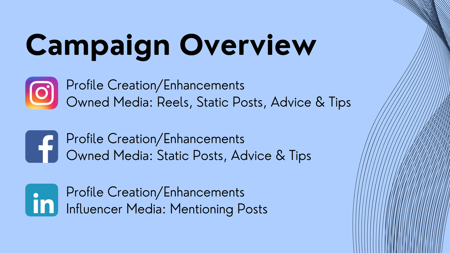 Professional campaign overview presentation slide with social media icons and blue gradient background.